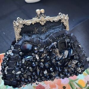 Mary Frances Black and Burgundy Beaded Clutch